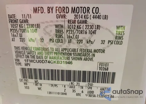 2012 Ford Escape Xlt z USA, uszkodzony, nr VIN 1FMCU0D74CKB31946
